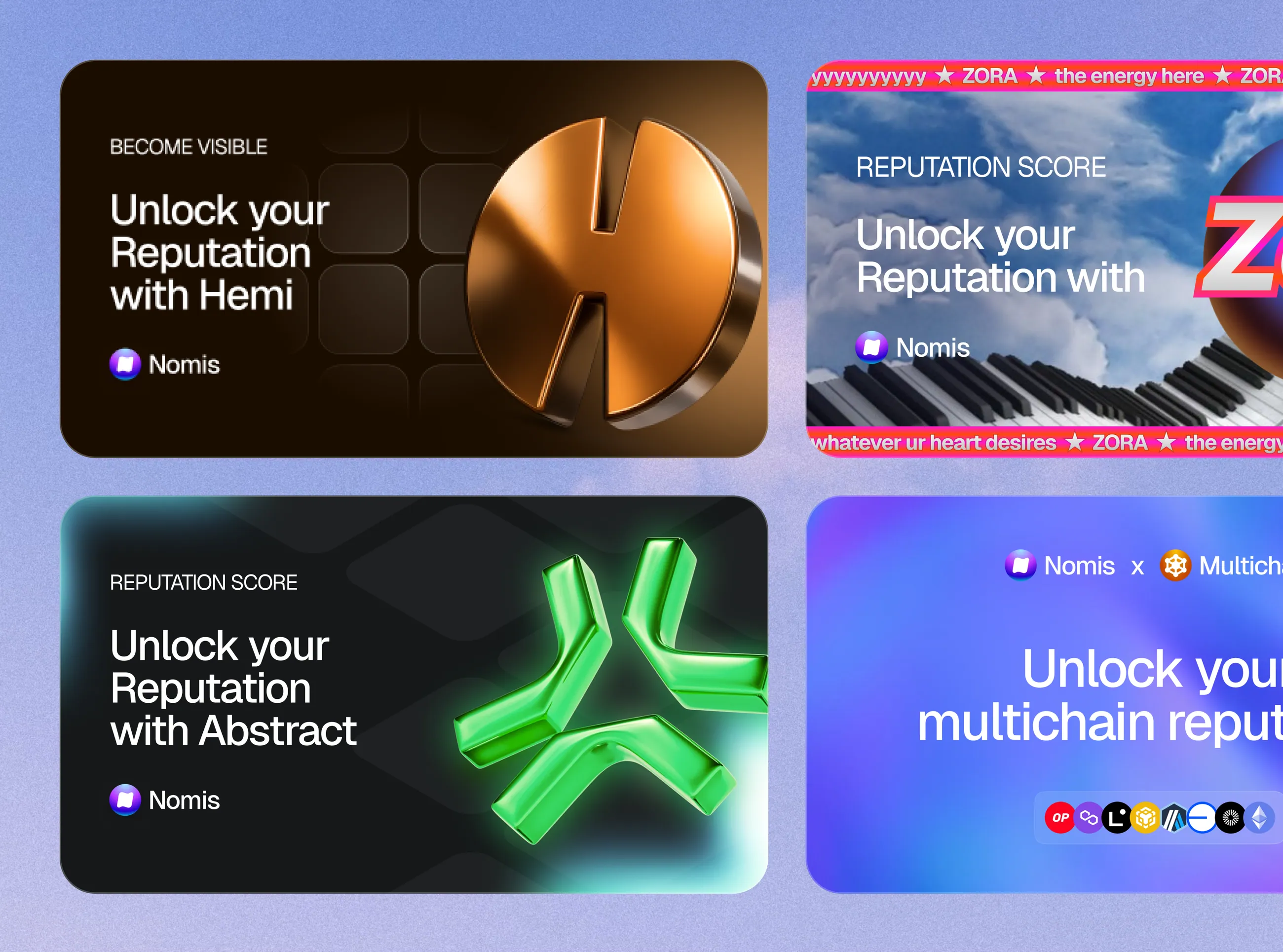 Nomis, партнёрские карточки репутации: Hemi, Zora, Abstract, multichain